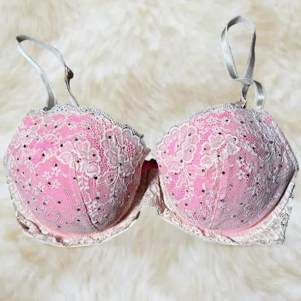 Victoria's Secret Dream Angels Pink Lace Lined Demi Bra 32DD Y2K Rhinestone